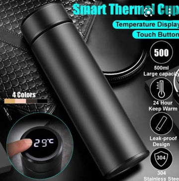Hot & Cold Flask Bottle Temperature Display Indicator Insulated Stainless Steel Smart Water Bottle, Double Wall Vacuum Cup, Perfect for Hot and Cold Drinks. Size(500ml) Black