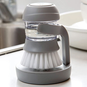 Household Kitchen Stove Utensils Cleaning Brush Grey Soap Storage Dispensing Handheld Brush Set with Stand Replaceable Brush Heads Press and Automatic Liquid Dispensing