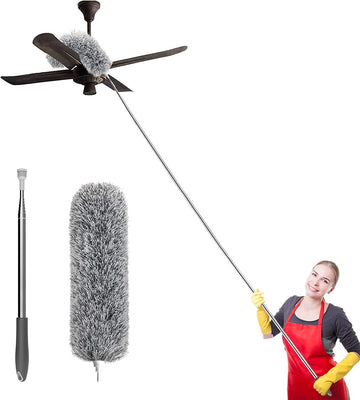 Long Handle Microfiber Feather Ceiling Duster For Dust Cleaning Extendable Pole 30-100 Inch For Cleaning High Cobweb Stick High Ceiling Fan - Stainless Steel