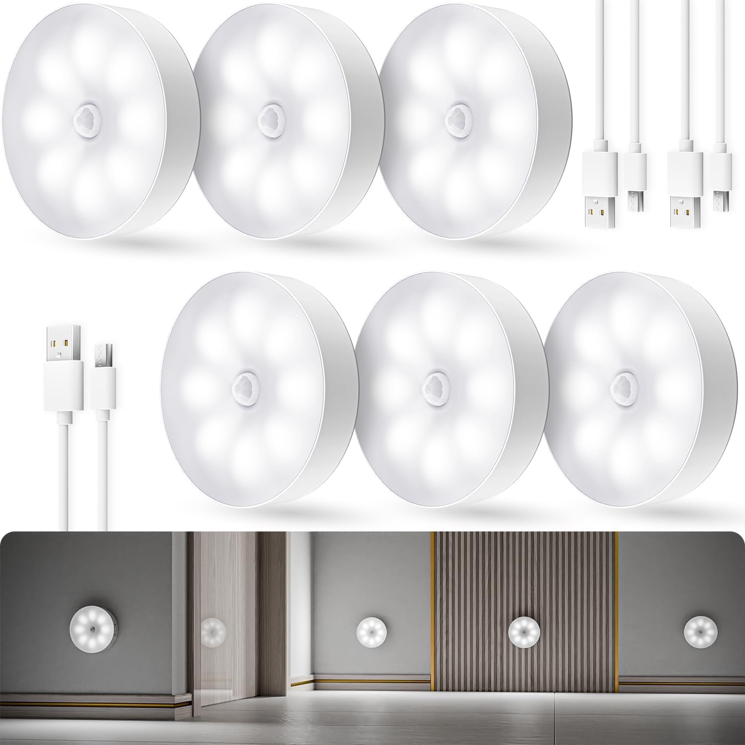 Motion Sensor Light for Home (Pack of 2) with USB Charging Wireless Self Adhesive LED Body Induction Lamp Sensor Light for Wardrobe Lights with Sensor Night Light for Cupboard Stairs