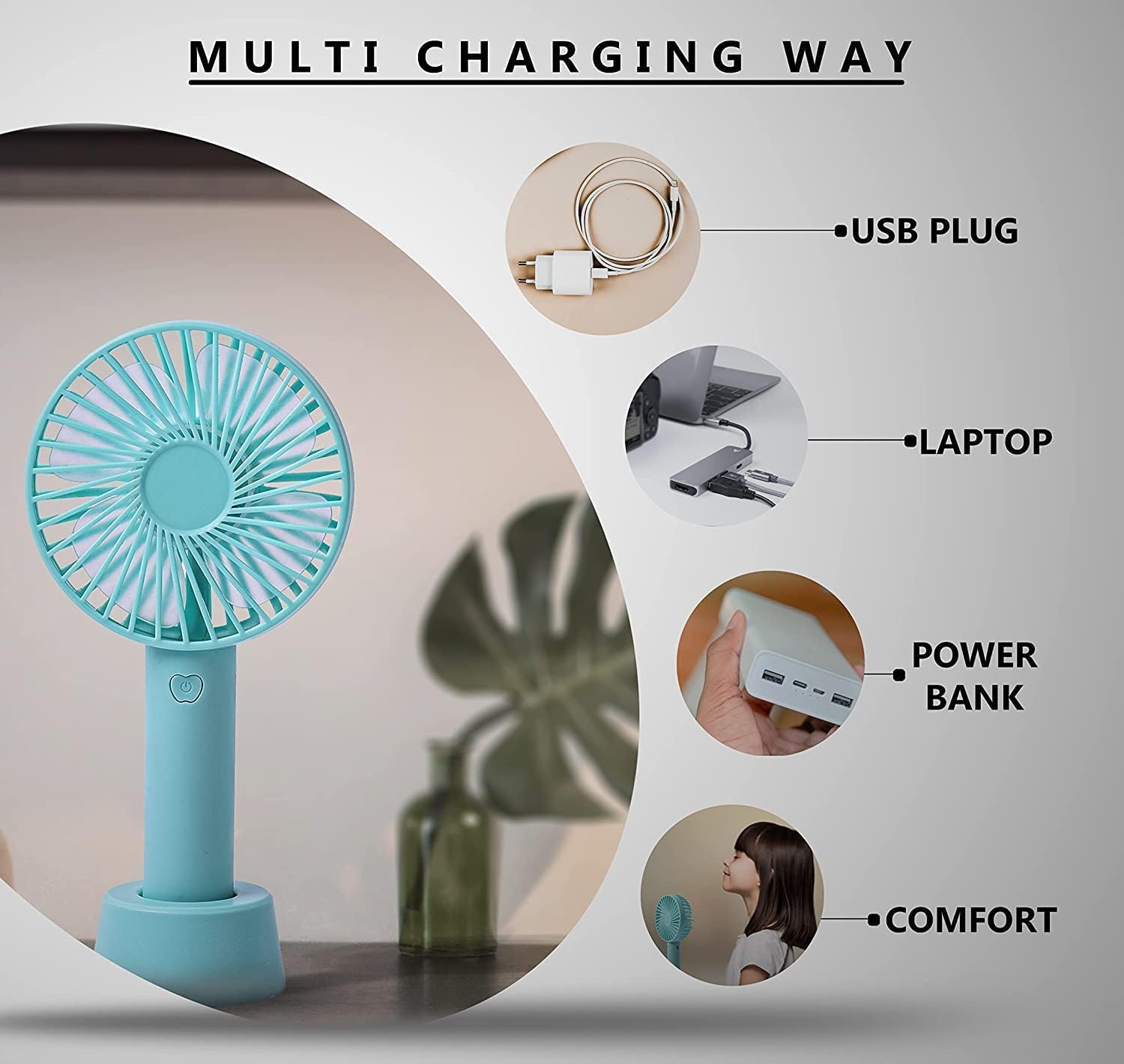One94Store Mini Portable Hand Fan, Usb Fan Portable High Speed Built-in Rechargeable Battery Operated Summer Cooling Table Fan with Stand For Home Office Indoor Outdoor Travel (Assorted Color)