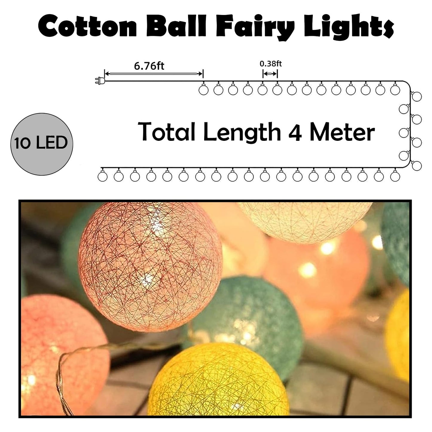 Fairy Cotton Ball Lights 10 LED Battery Powered String Light