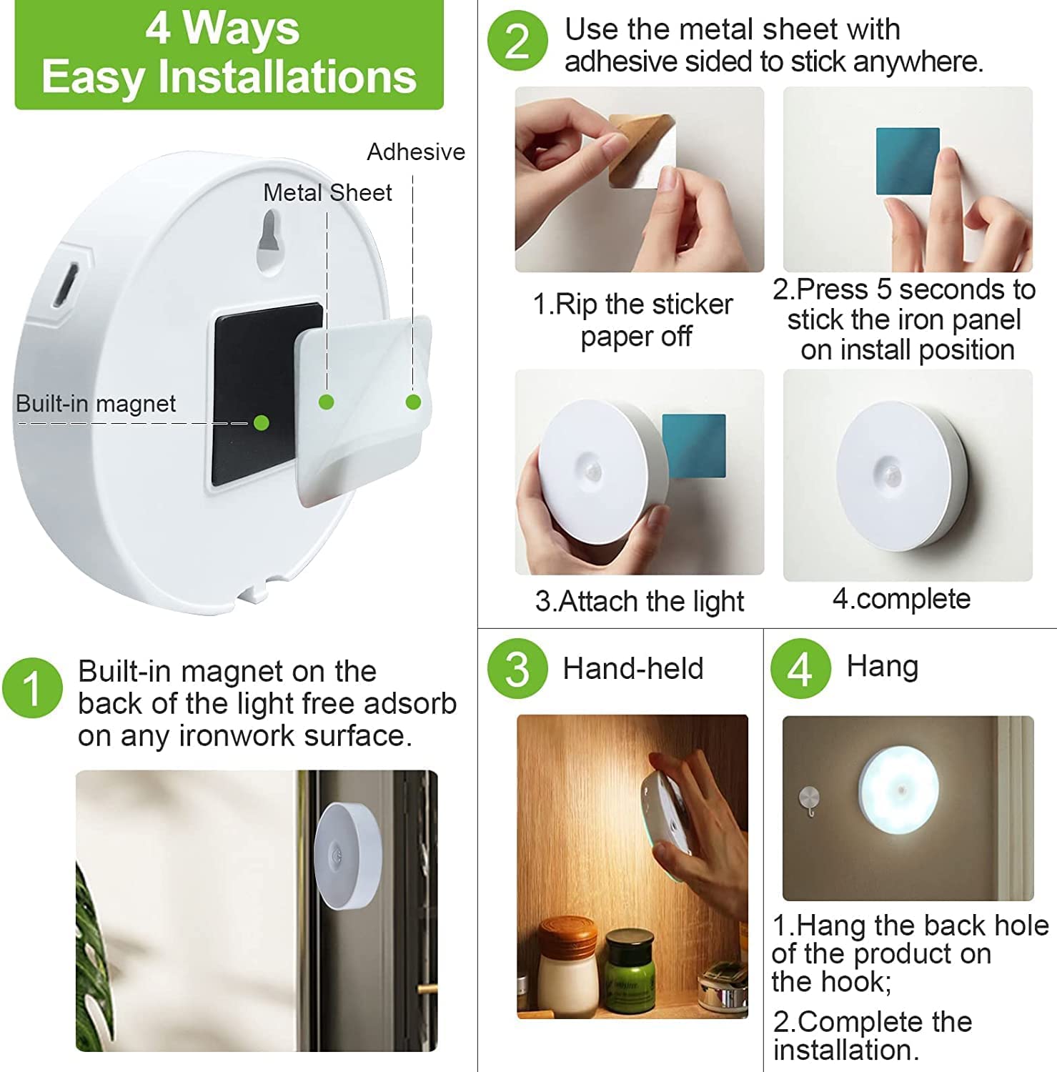 Motion Sensor Light for Home (Pack of 2) with USB Charging Wireless Self Adhesive LED Body Induction Lamp Sensor Light for Wardrobe Lights with Sensor Night Light for Cupboard Stairs