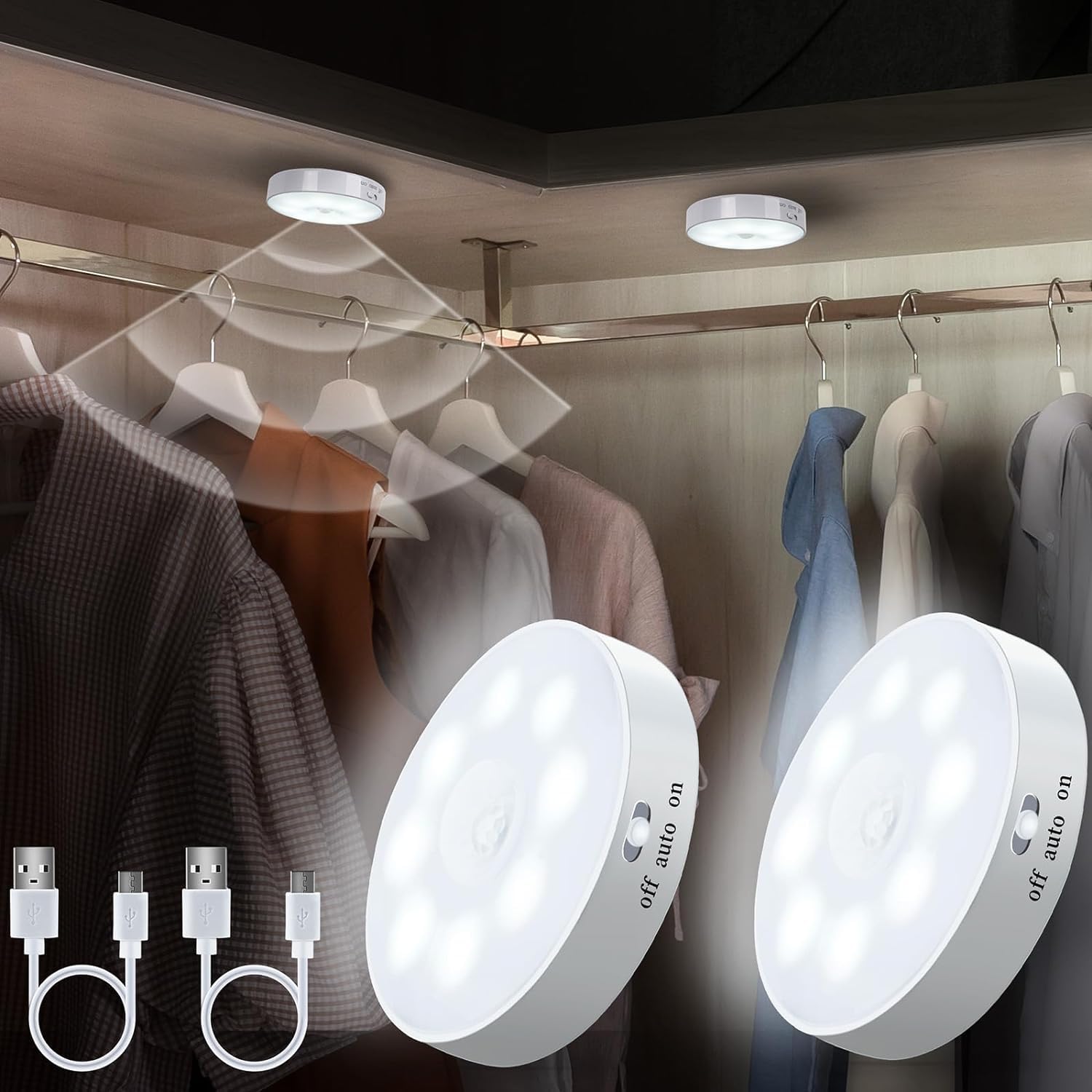 Motion Sensor Light for Home (Pack of 2) with USB Charging Wireless Self Adhesive LED Body Induction Lamp Sensor Light for Wardrobe Lights with Sensor Night Light for Cupboard Stairs