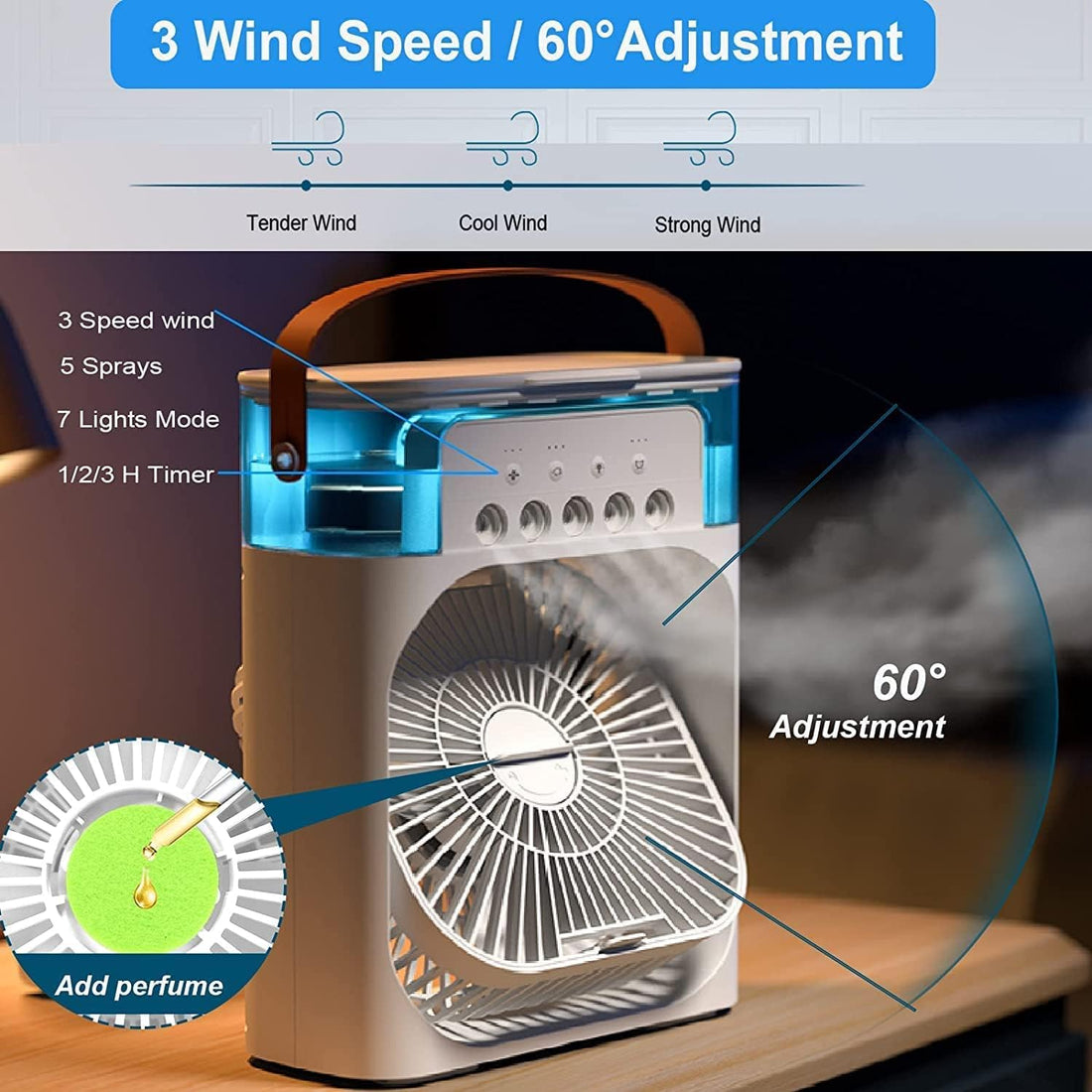 DADLM® Mini Cooler for Room Cooling Mini AC Portable Mini Fan Artic Cooler with 7 Colors LED Light, 1/2/3 H Timer, 3 Wind Speeds and 3 Spray Modes for Office,Home,Dorm,Travel* (1)
