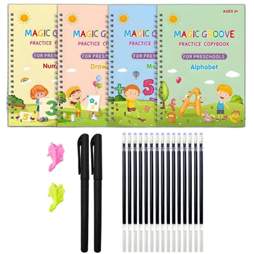 Sank Magic Practice Copybook, (4 BOOK + 10 REFILL+ 2 Pen +2 Grip) Number Tracing Book for Preschoolers with Pen, Magic Calligraphy Copybook Set Practical Reusable Writing Tool Simple Hand Lettering