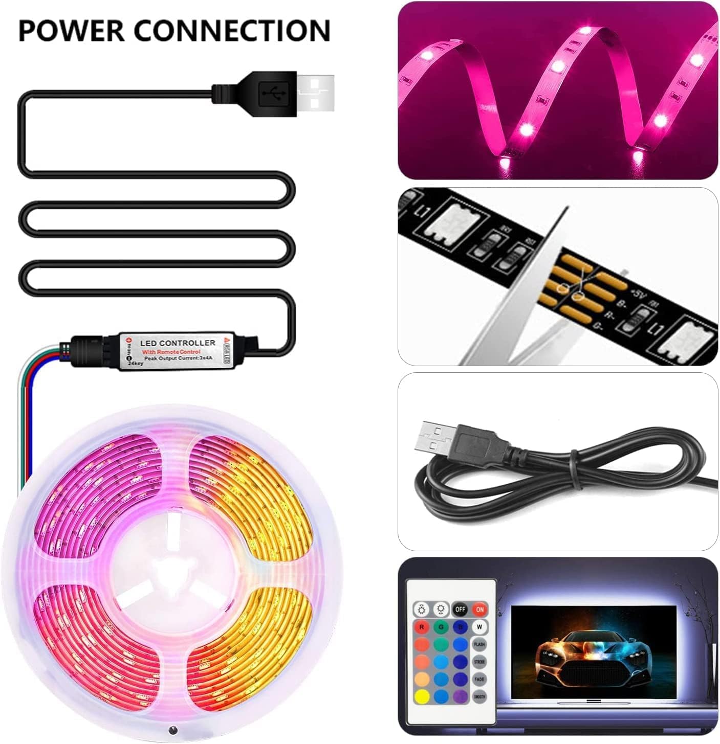 NIYAMAX 2 Meter USB-Powered 5050 RGB LED Strip Lights – 16 Color Changing Backlight Kit with Remote Control, 30 LEDs/M, Easy Installation, Perfect for Home Theater & Gaming Setup