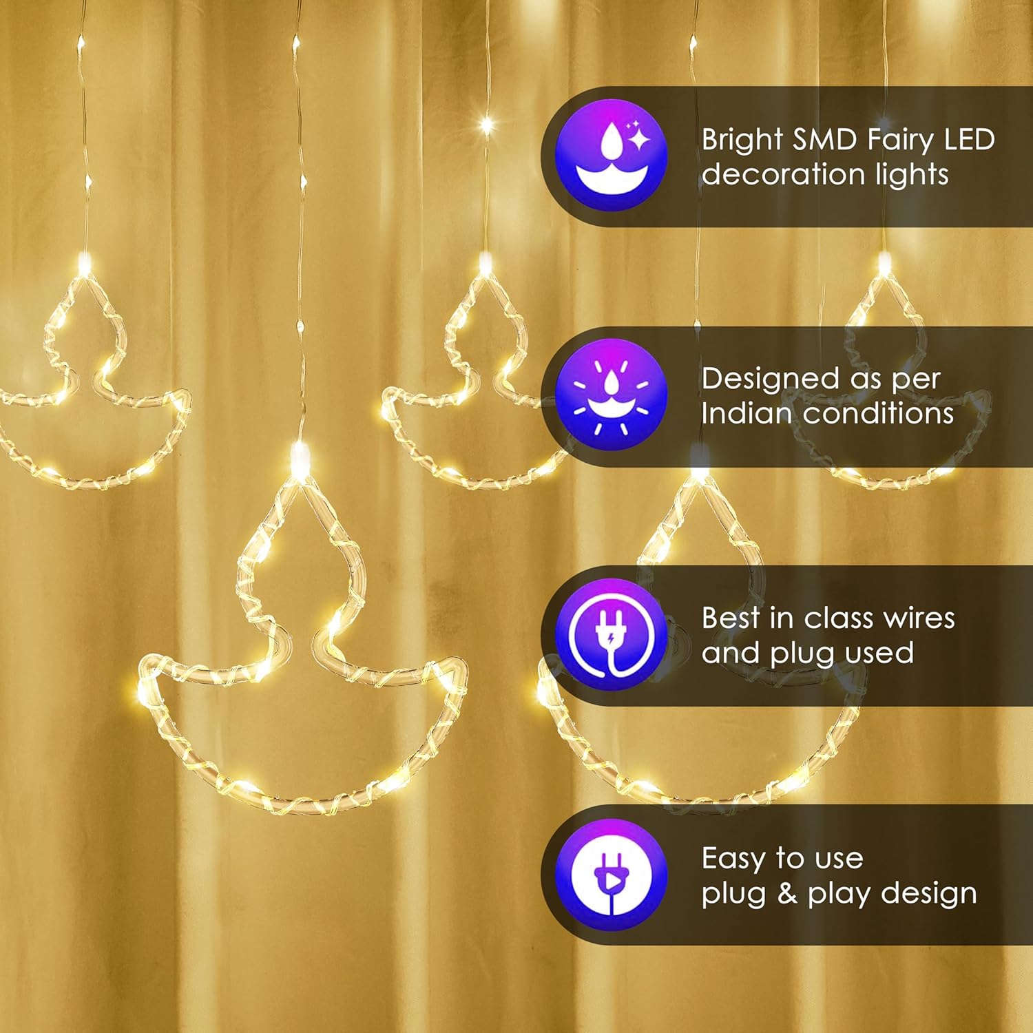 Gesto 10 Diya Curtain Lights – 111 SMD LED Warm White Fairy Lights with 8 Flashing Modes | AC Powered Diya Lights for Home,Balcony,Mandir, Pooja Room,Wedding,Diwali Decoration & Festival Decor (11 Ft)