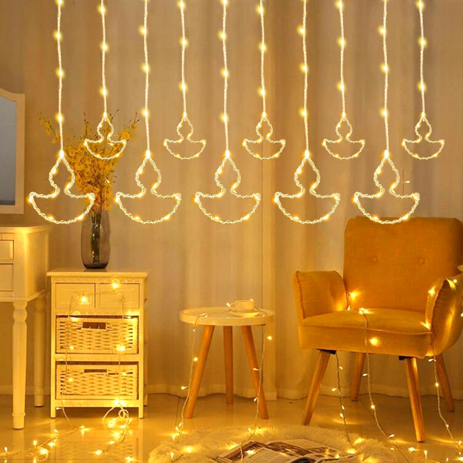 Gesto 10 Diya Curtain Lights – 111 SMD LED Warm White Fairy Lights with 8 Flashing Modes | AC Powered Diya Lights for Home,Balcony,Mandir, Pooja Room,Wedding,Diwali Decoration & Festival Decor (11 Ft)