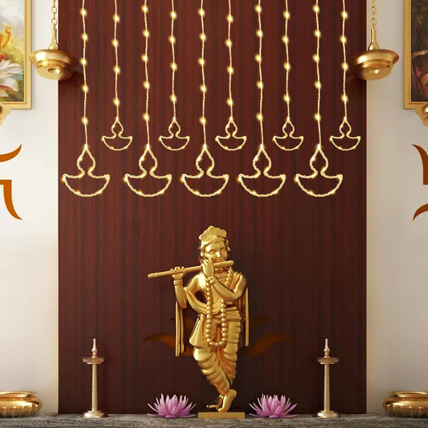 Gesto 10 Diya Curtain Lights – 111 SMD LED Warm White Fairy Lights with 8 Flashing Modes | AC Powered Diya Lights for Home,Balcony,Mandir, Pooja Room,Wedding,Diwali Decoration & Festival Decor (11 Ft)