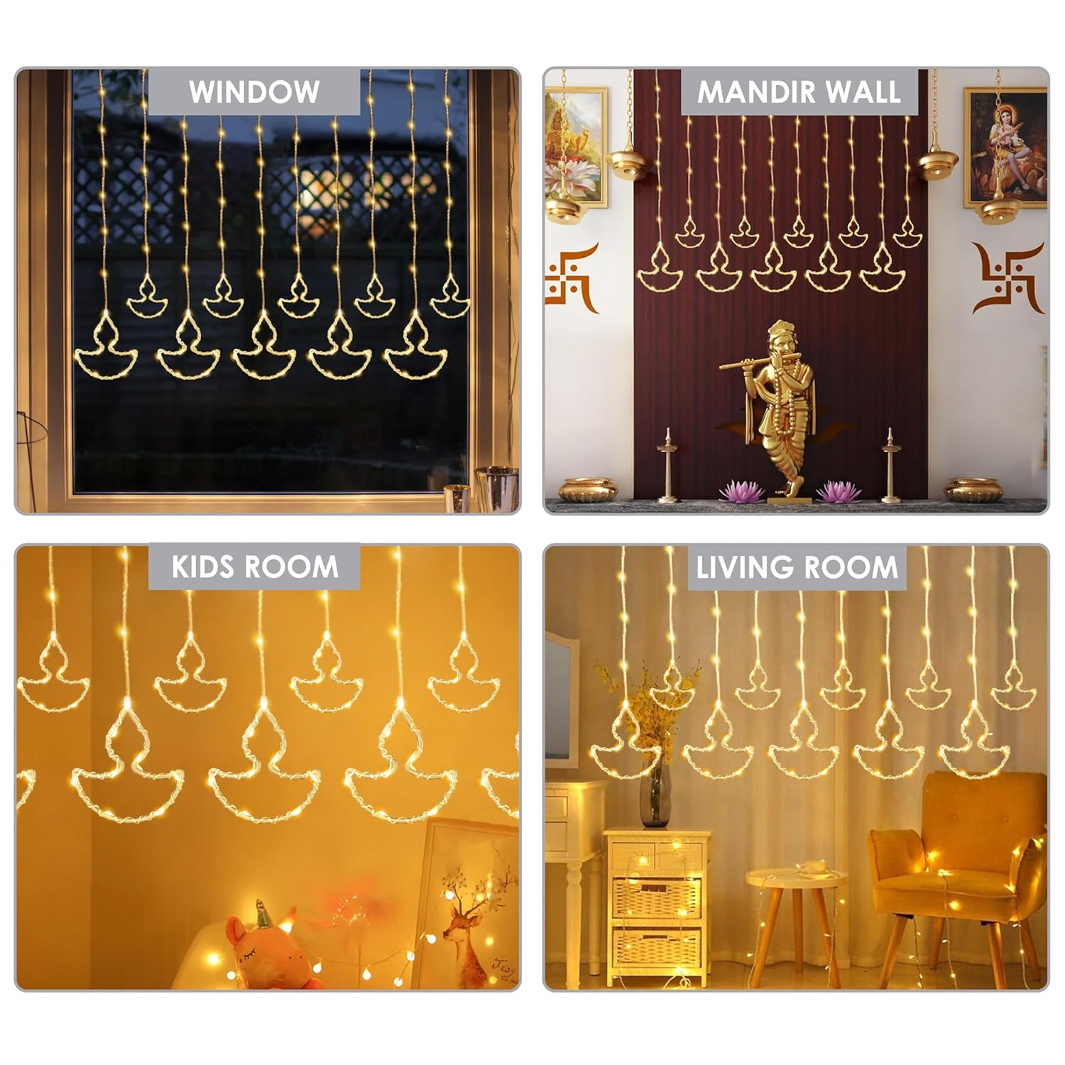 Gesto 10 Diya Curtain Lights – 111 SMD LED Warm White Fairy Lights with 8 Flashing Modes | AC Powered Diya Lights for Home,Balcony,Mandir, Pooja Room,Wedding,Diwali Decoration & Festival Decor (11 Ft)