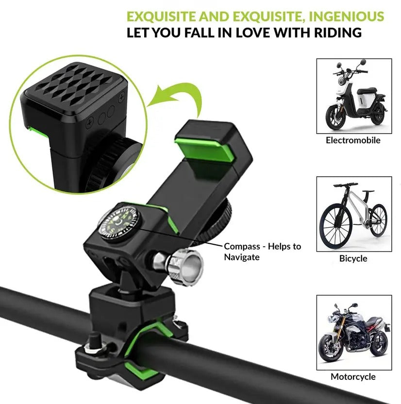 GRIP360™ LED Bike Phone Holder – 360° Rotation | Compass + Light | Secure Fit