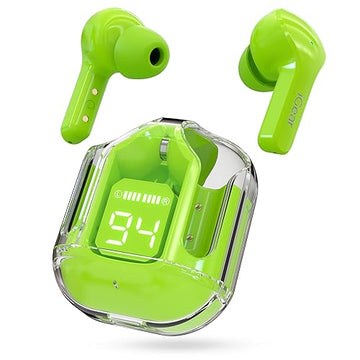 iCool Crystal Wireless Earbuds, Transparent Charging Case and LED Digital Display, Bluetooth Earphones with ENC Noise Cancelling, Touch Control, Google Assistant and Siri Support (Assorted Color))
