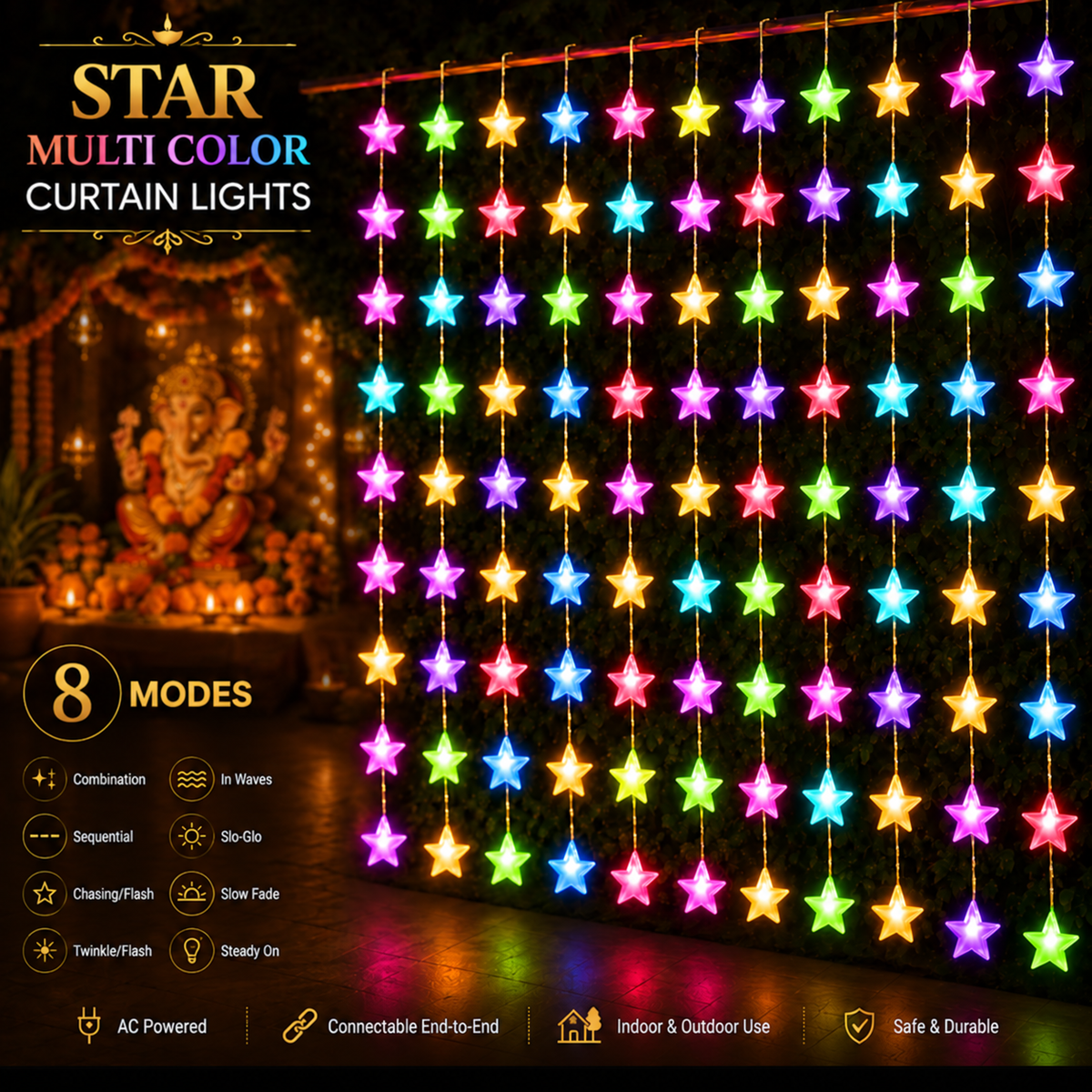 Multicolor Star Curtain LED String Lights-10 String Decorative Curtain Light with 8 Lighting Modes