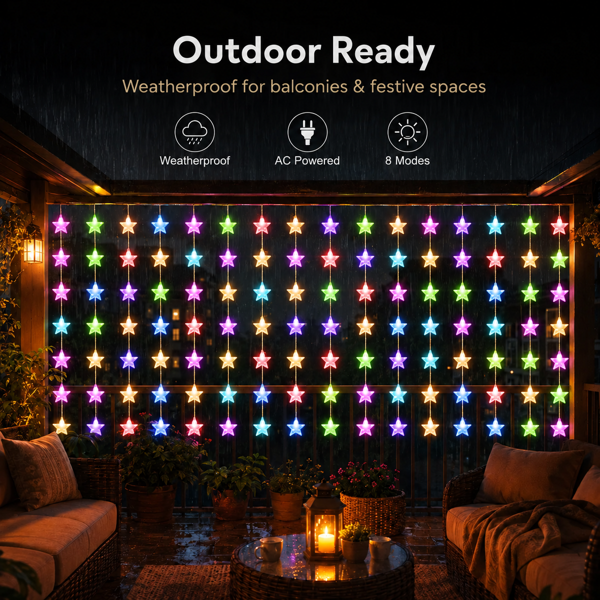 Multicolor Star Curtain LED String Lights-10 String Decorative Curtain Light with 8 Lighting Modes