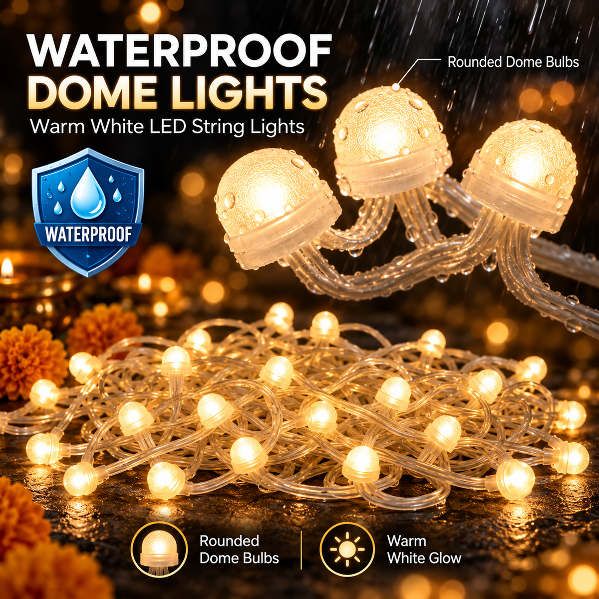 GOLDEN GLOW DOME LED STRING LIGHTS- Warm White Decorative Lighting for Every Celebration