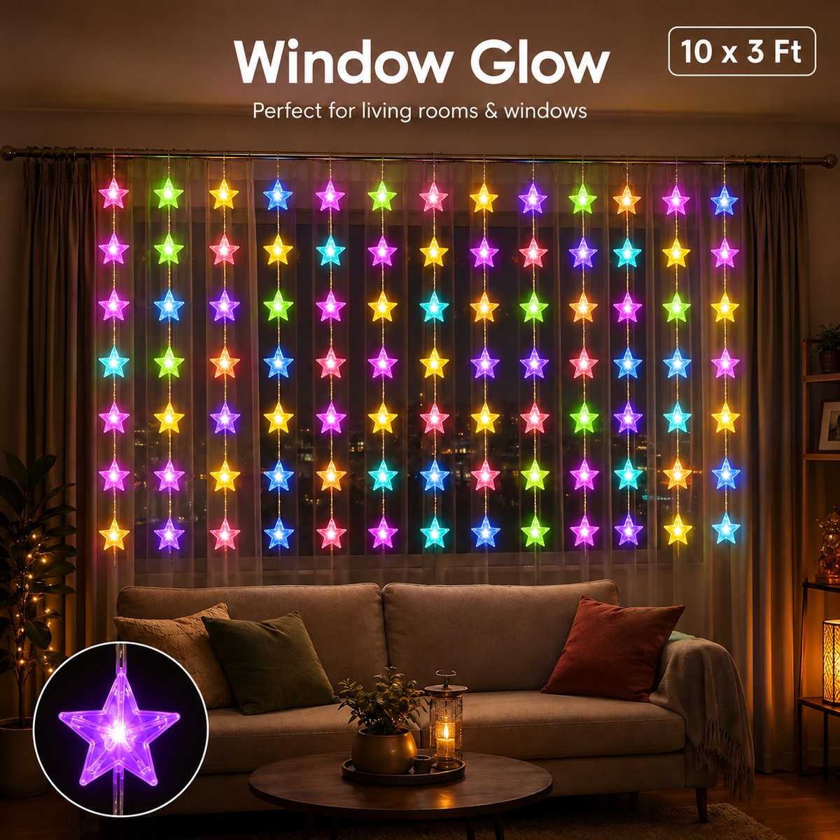 Multicolor Star Curtain LED String Lights-10 String Decorative Curtain Light with 8 Lighting Modes