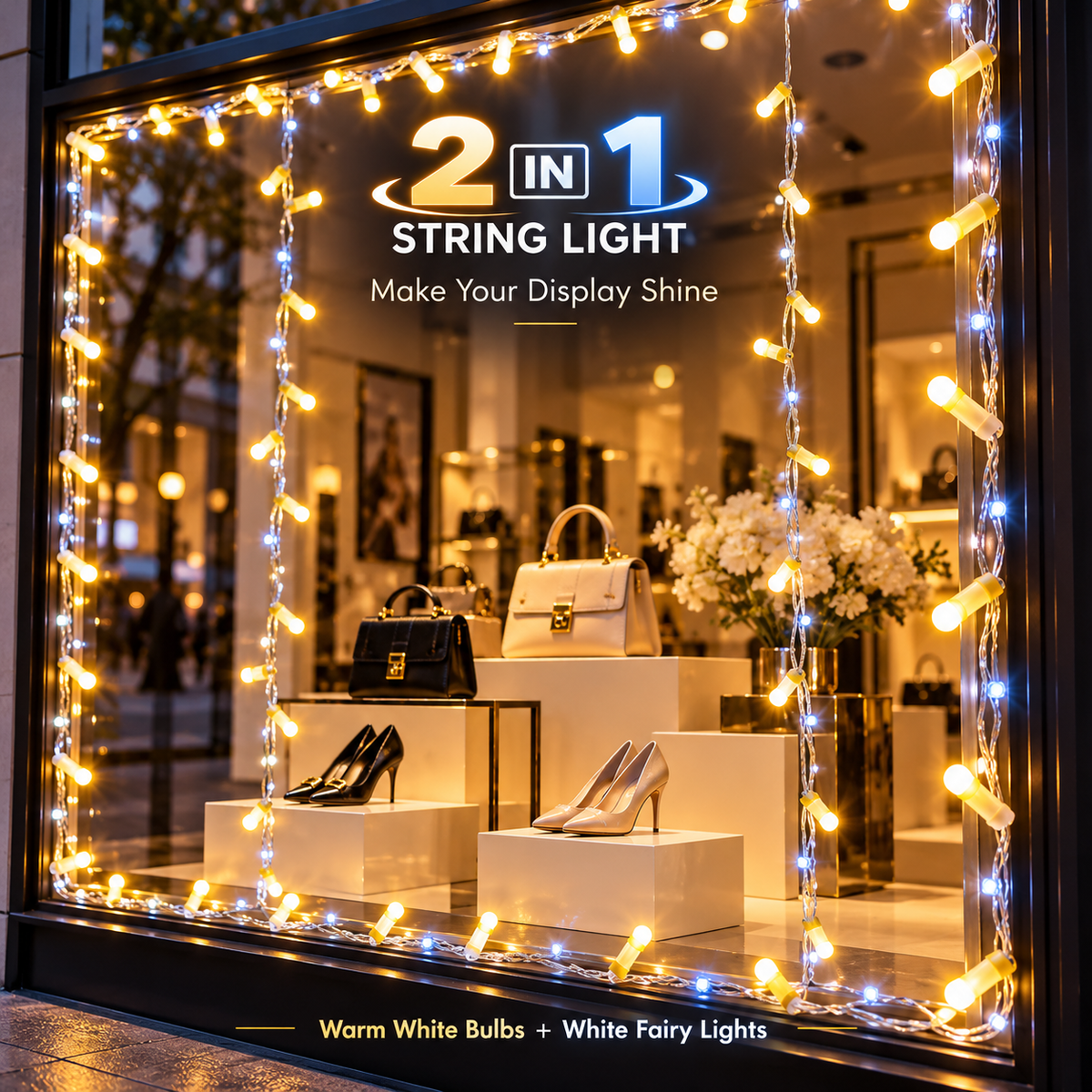 DualGlow 2-in-1 LED String Lights – Warm White Bulbs & Cool White Micro LEDs for Home, Balcony & Festive Decor