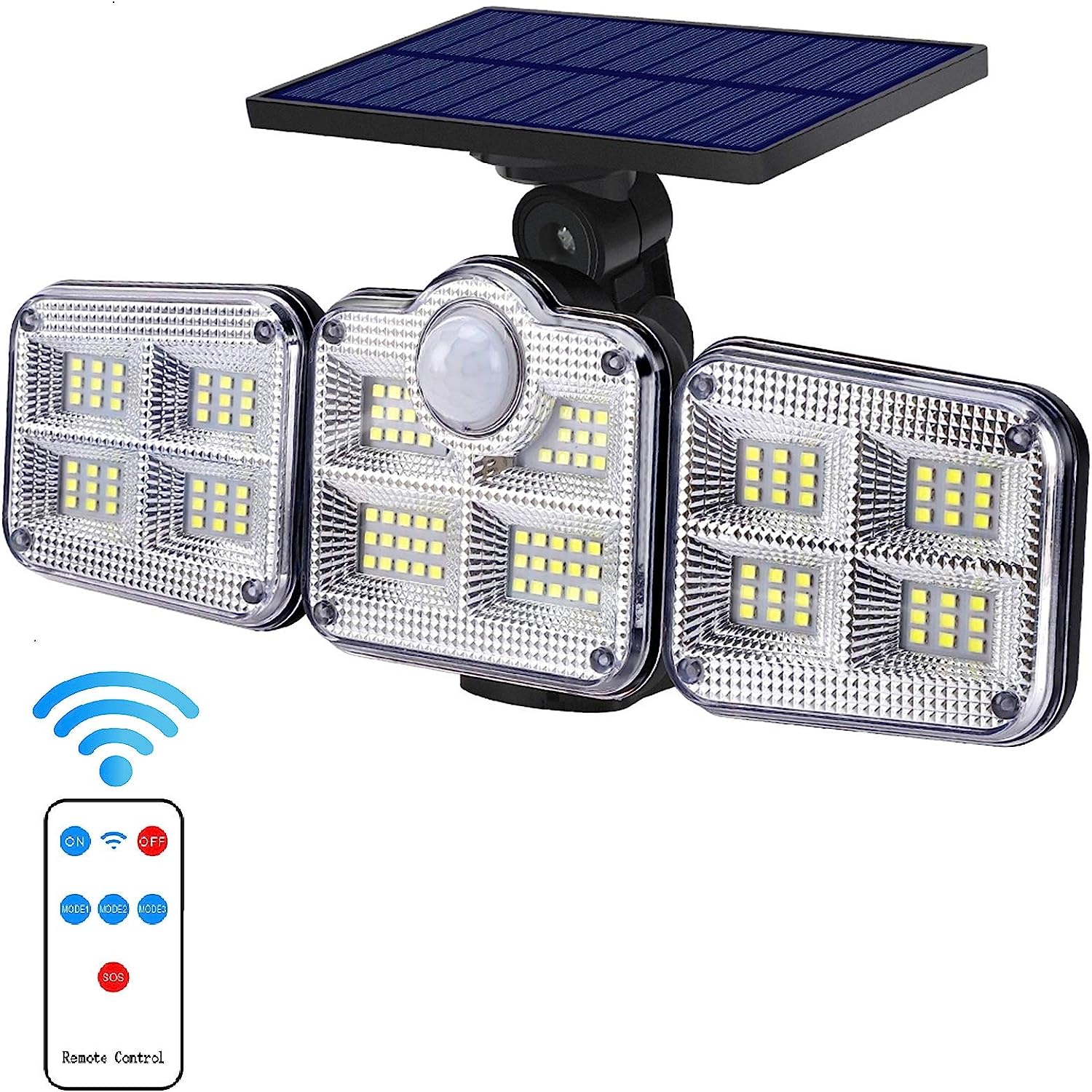 Solar Motion Sensor Lights with Remote Control 3 Adjustable Heads Security LED Flood Light with 270° Wide Angle Illumination IP65 Waterproof