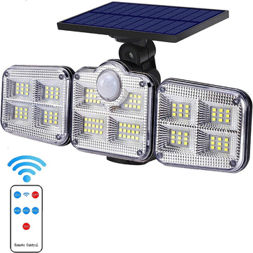 Solar Motion Sensor Lights with Remote Control - 270° Wide-Angle Illumination, IP65 Waterproof, 3 Adjustable Heads for Enhanced Security