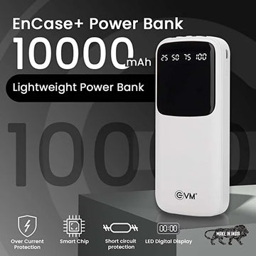 ECellStreet EVM EnCase+ Lithium_Polymer POWER BANK 10,000MAH with in Build 4 Cable USB, Micro USB, Type-C and Lightning Cable, for All Kind of Smartphone and Other Devices - (White)