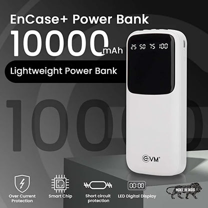 EVM EnCase+ Lithium_Polymer POWER BANK 10,000MAH with in Build 4 Cable USB, Micro USB, Type-C and Lightning Cable, for All Kind of Smartphone and Other Devices - (White)
