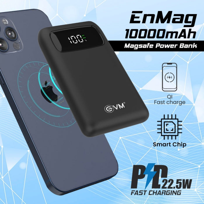 EVM EnMag Lithium_Polymer Power Bank 10000MAH with 15W Max Wireless Charging, Digital Indicator, QI Fast Charge, Air Allowable (P0209, Black)