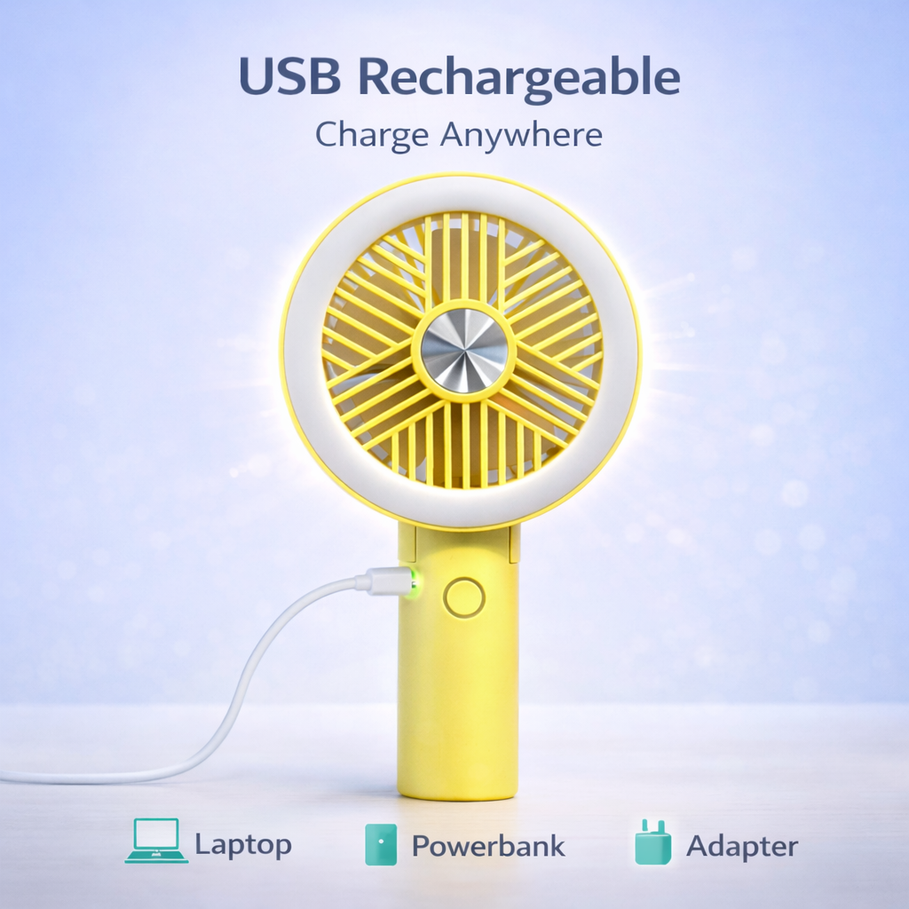 GlowBreeze Rechargeable Mini Fan with Ring Light & 3 Speed Cooling for Office, Selfie & Travel