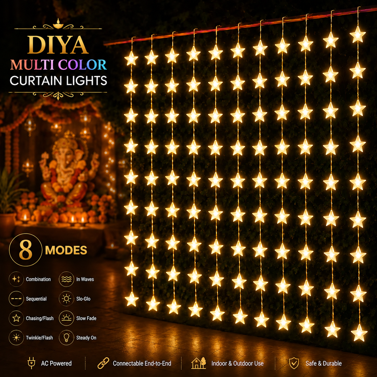 10-String Decorative Stars Curtain Light with 8 Lighting Modes for Diwali, Windows, Mandir & Festive Décor