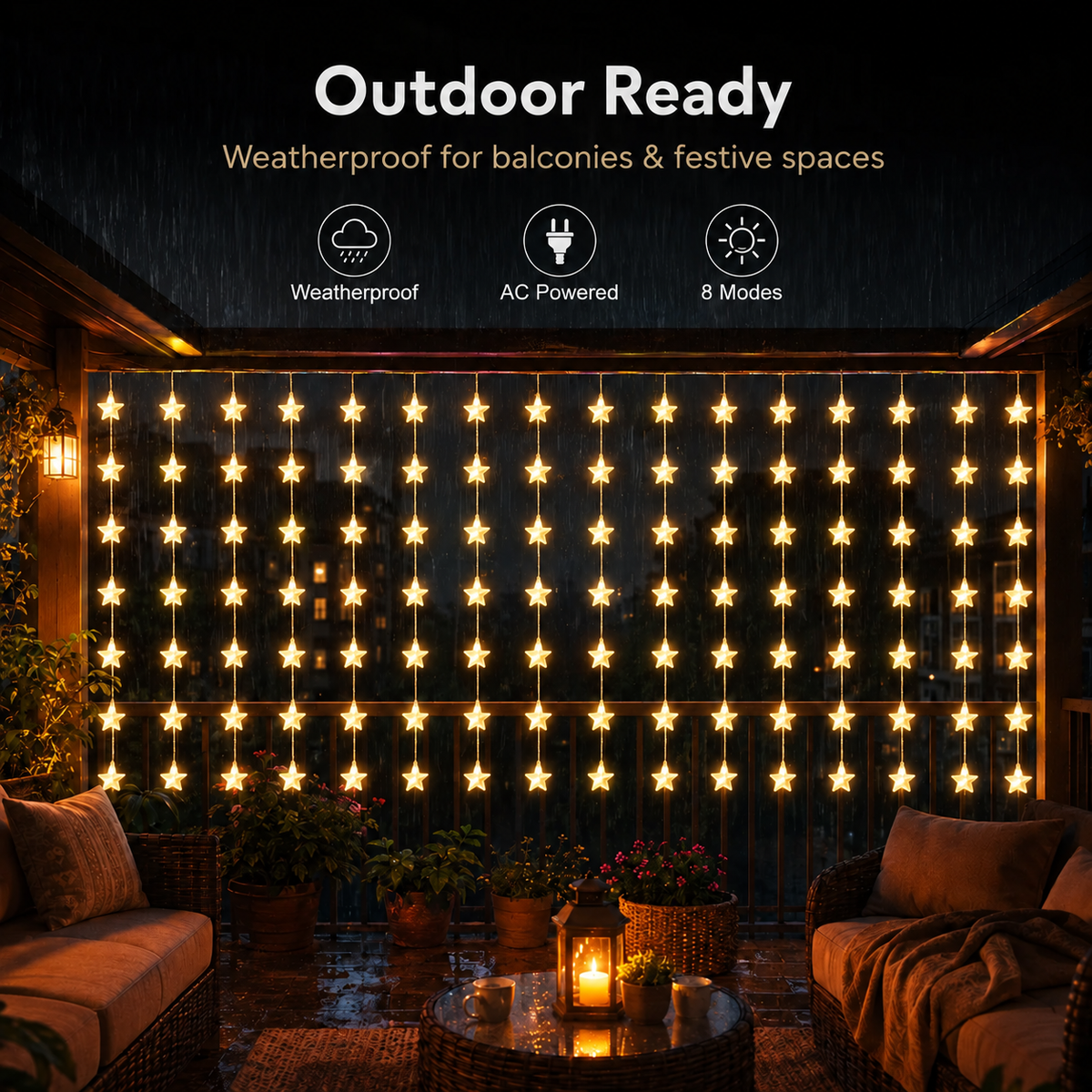 10-String Decorative Stars Curtain Light with 8 Lighting Modes for Diwali, Windows, Mandir & Festive Décor