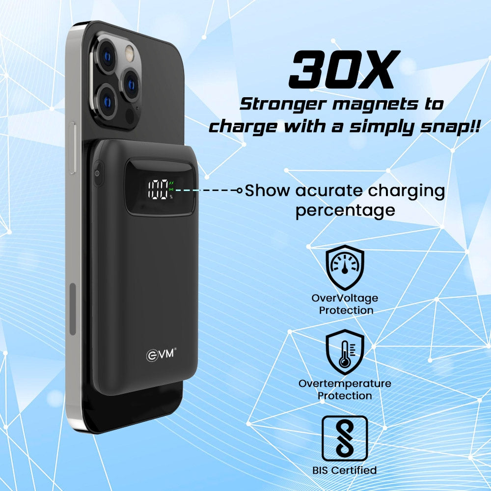 EVM EnMag Lithium_Polymer Power Bank 10000MAH with 15W Max Wireless Charging, Digital Indicator, QI Fast Charge, Air Allowable (P0209, Black)