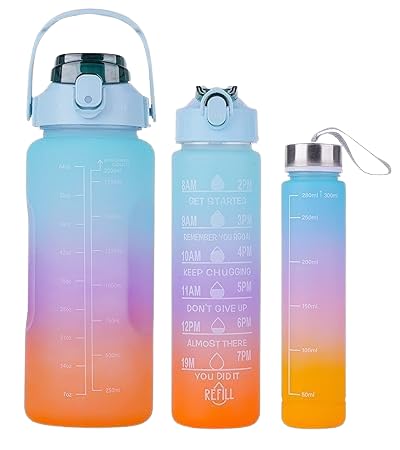 Hydro-Motivate: Unbreakable Water Bottles for School, Office and Gym with Motivational Time Marker 2000ML, 900ML, 300ML Leakproof Fitness Sports Water Bottle (Pack of 3)