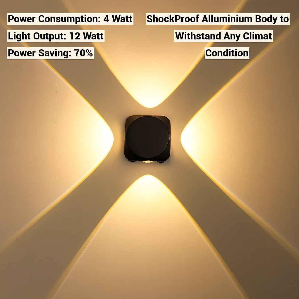 12W Matt Black 4-Way LED Wall Light – Warm White