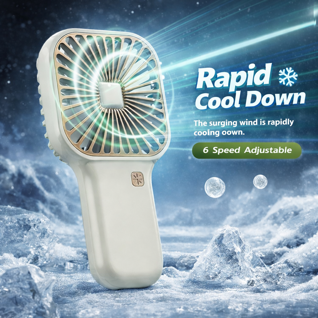 AIRZO Portable Mini Cooling Fan with Stand – 6 Speed Adjustable Rechargeable Personal Fan for Desk, Travel & Summer