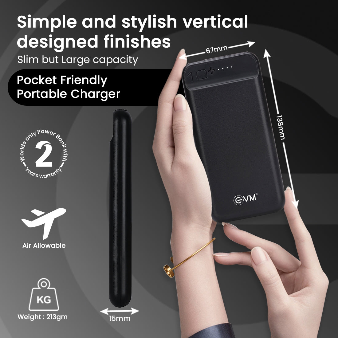 EVM Encharge Lithium_Polymer Power Bank 10000mAh with Micro USB Cable Compatible with All Kind of Smartphone and Other Devices (Black)