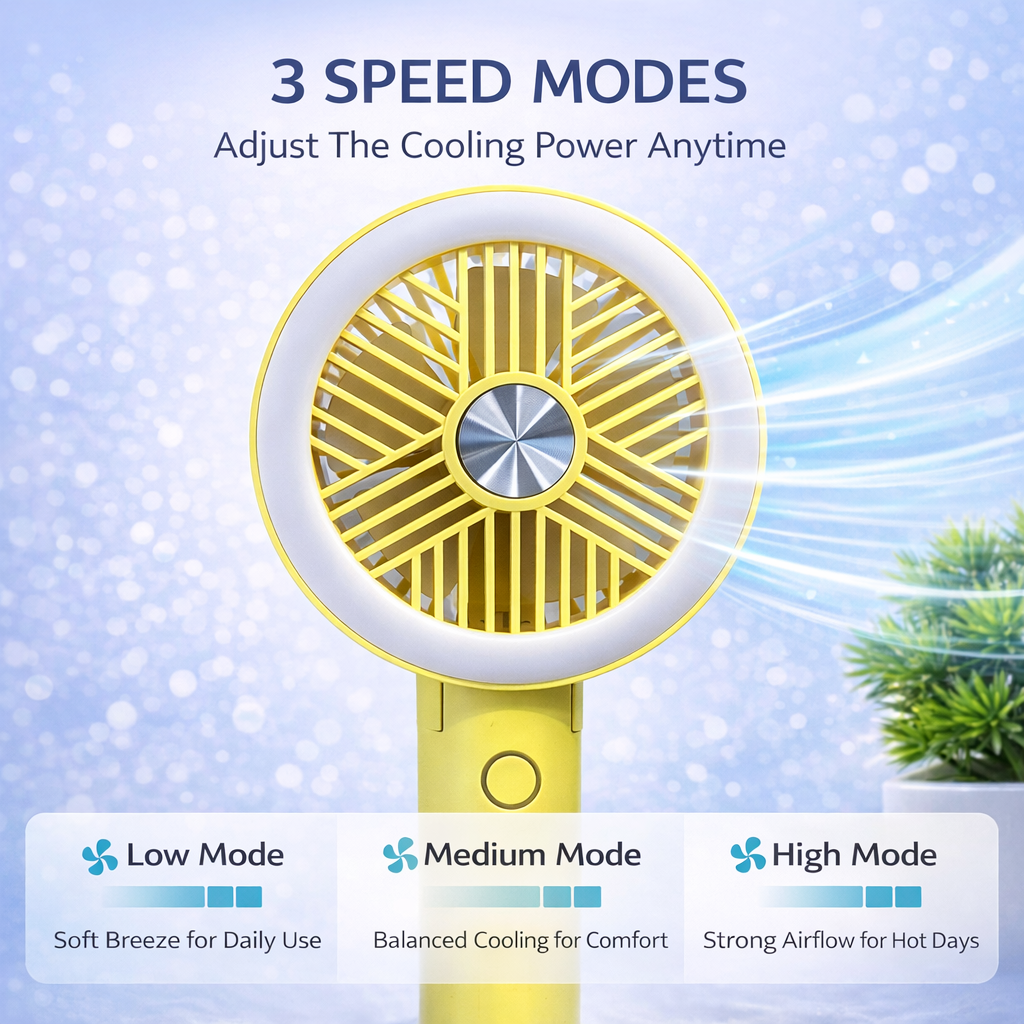GlowBreeze Rechargeable Mini Fan with Ring Light & 3 Speed Cooling for Office, Selfie & Travel