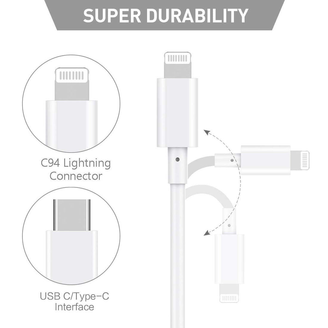 Type C Charging Cable For Iphone, Ipad, Air Pods- White