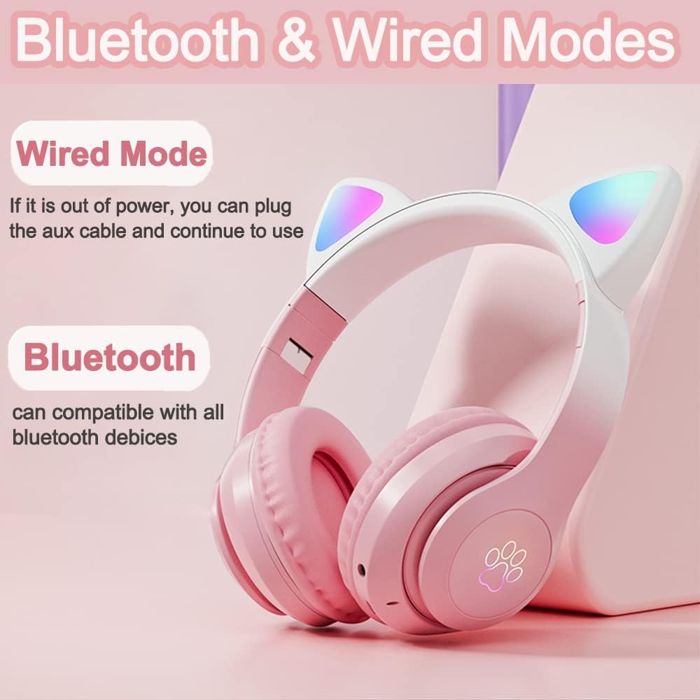Kids Cat-Ear Bluetooth Headphones (LED, Mic,Wireless)