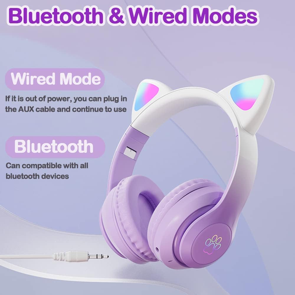 Kids Cat-Ear Bluetooth Headphones (LED, Mic,Wireless)