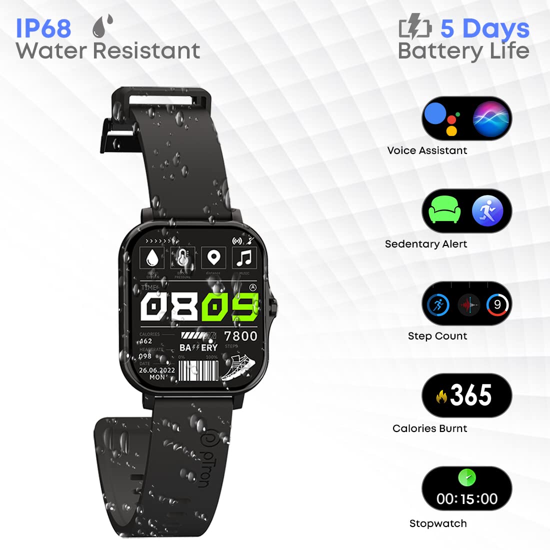 PTron Force X10 Bluetooth Calling Smartwatch Black