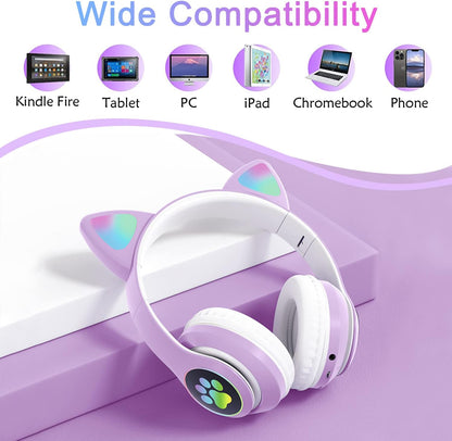 Kids Cat-Ear Bluetooth Headphones (LED, Mic,Wireless)