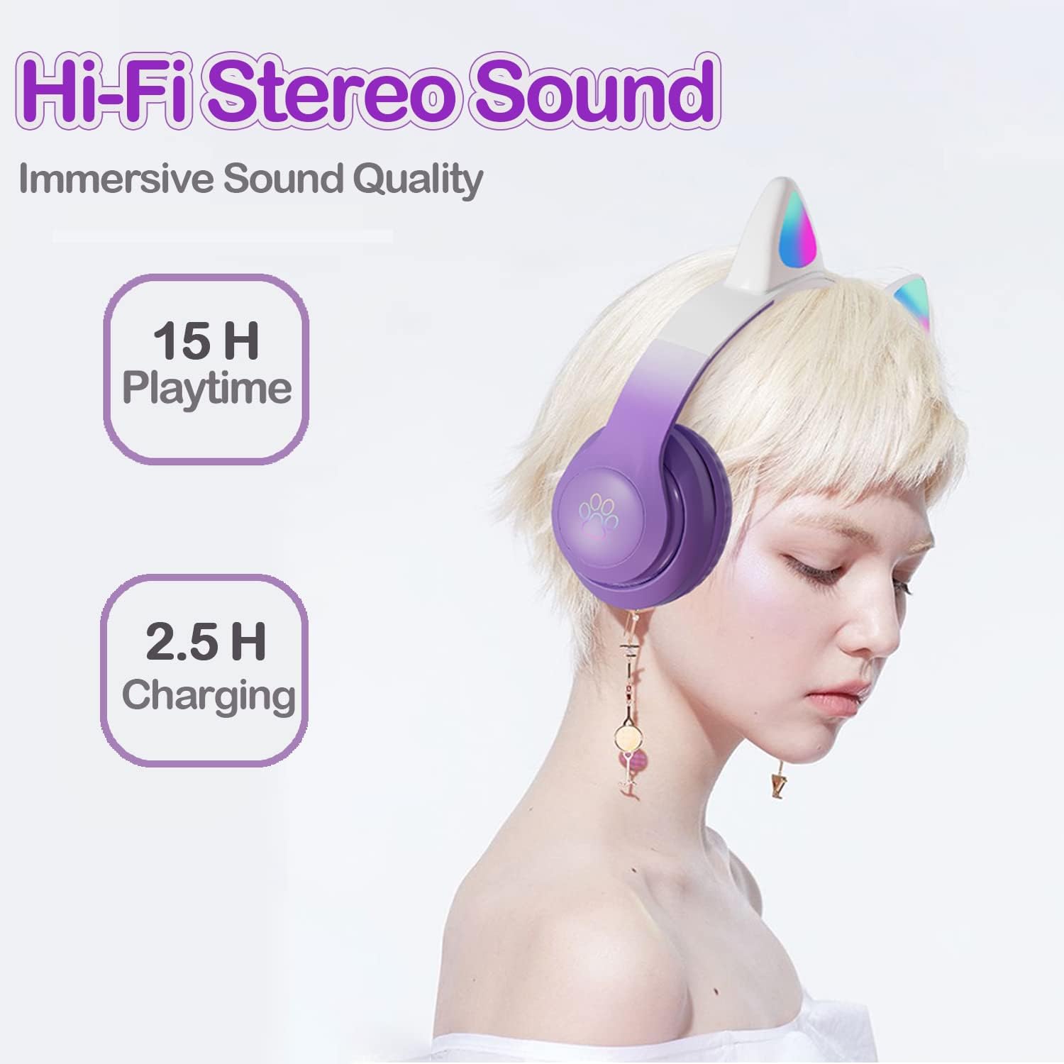 Kids Cat-Ear Bluetooth Headphones (LED, Mic,Wireless)