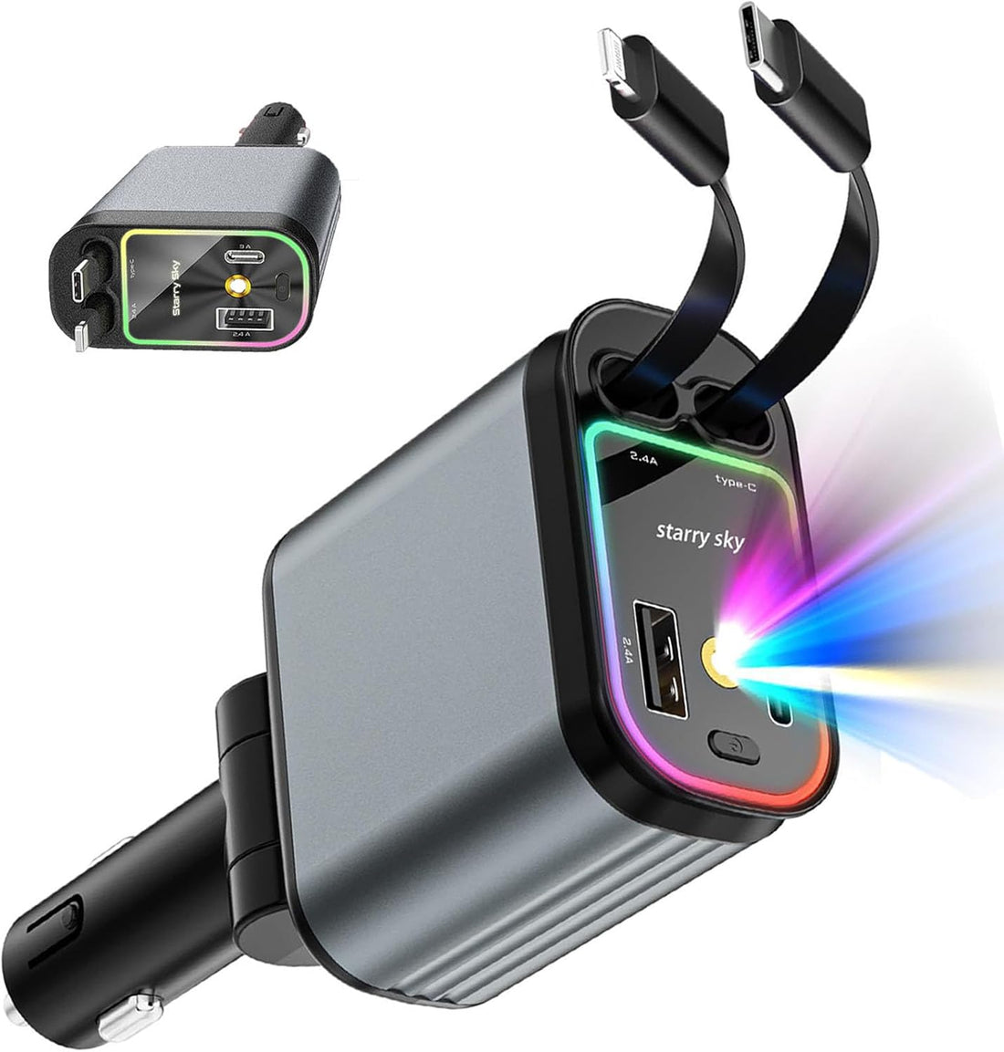 SpeedVolt 120X™ – 120W Retractable USB-C & A Car Charger for All Smartphones