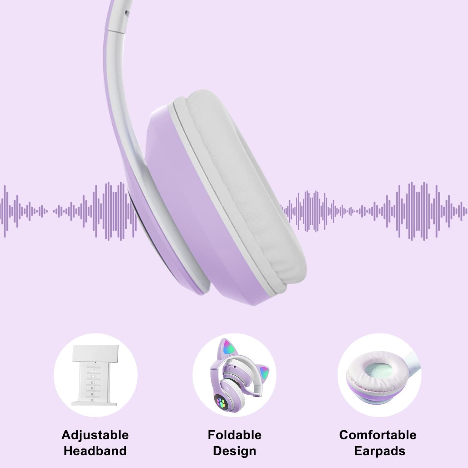 Kids Cat-Ear Bluetooth Headphones (LED, Mic,Wireless)