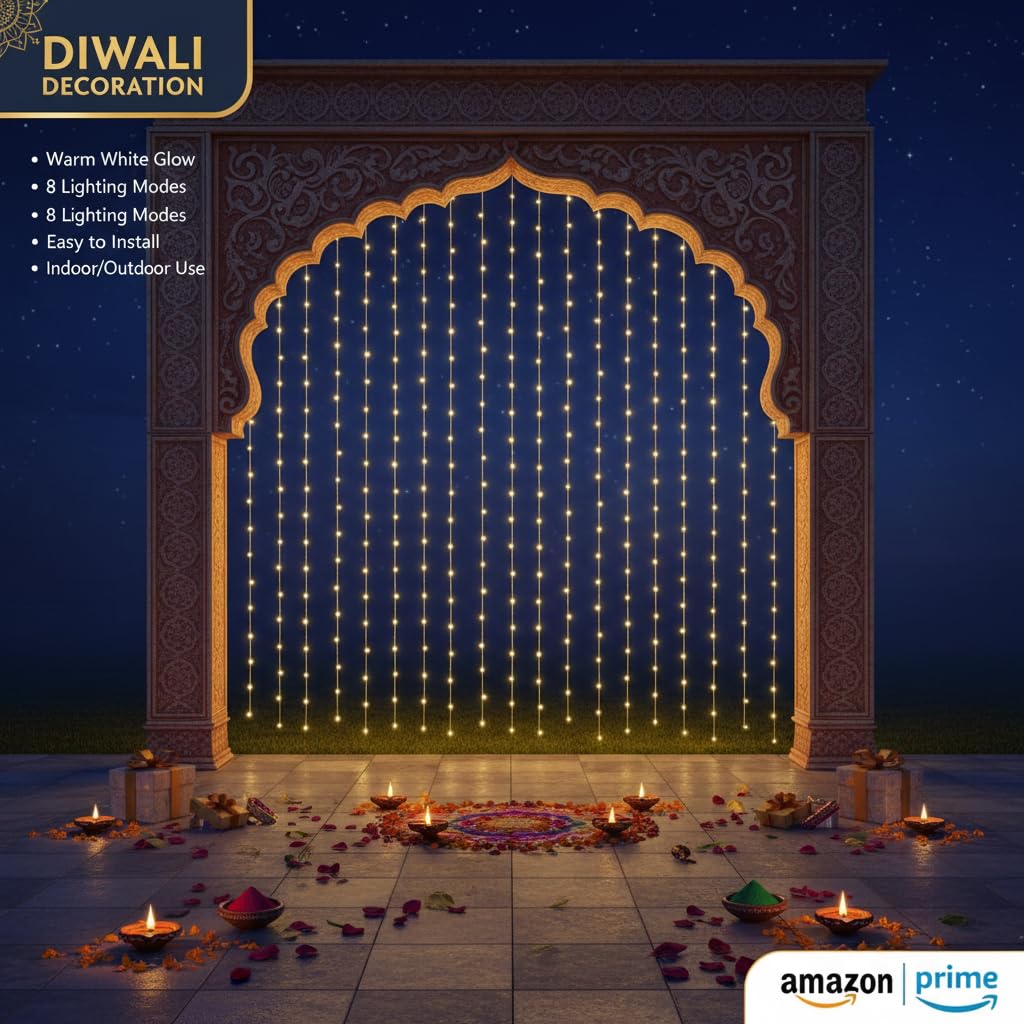 Warm Golden Waterfall Curtain LED String Lights  8-Mode AC Powered Decorative Curtain Lights