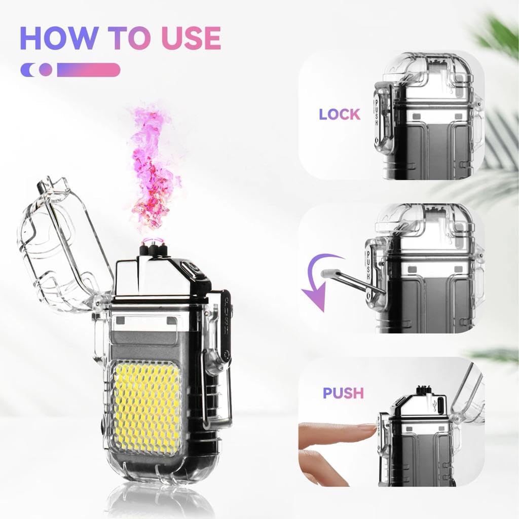 BEBO CREATIONS Dual Arc Plasma Lighter - Outdoor Camping Lighter for Men Women with Led Light, Lighting Modes COB Lamp, Type-C Rechargeable Electric Windproof E Lighter