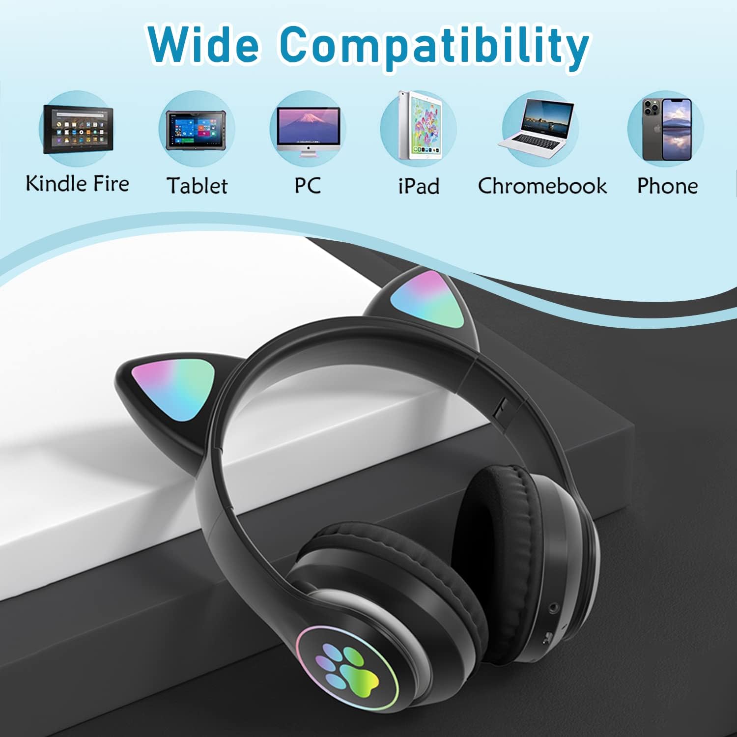 Kids Cat-Ear Bluetooth Headphones (LED, Mic,Wireless)