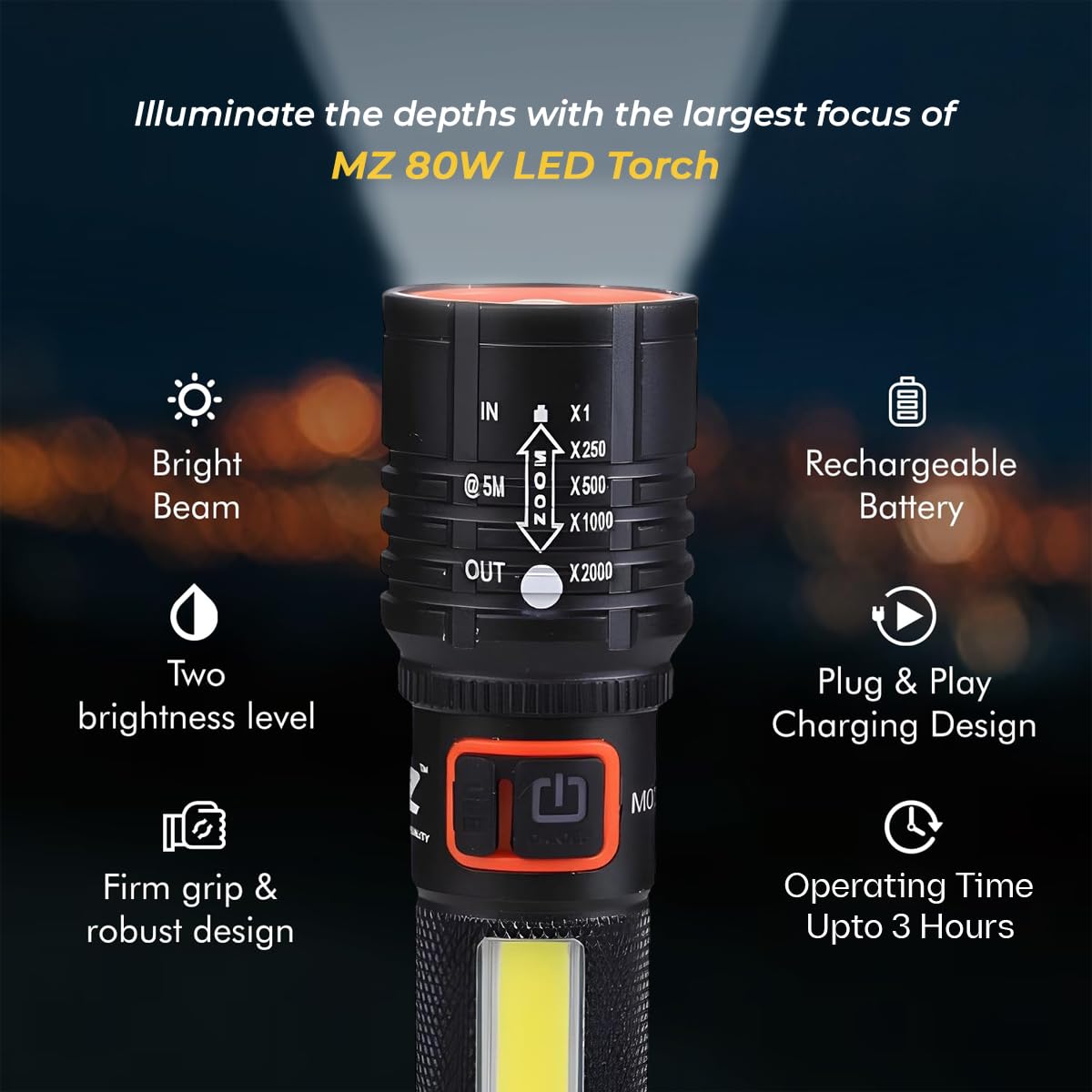 Rechargeable Flashlight – 10000 Lumen High Power LED Torch, 1200M Long Beam, USB-C Charging, 10+ Hours Runtime, Adjustable Zoom Light for Camping, Hiking, Emergency, Outdoor Use (Black -M035-C)