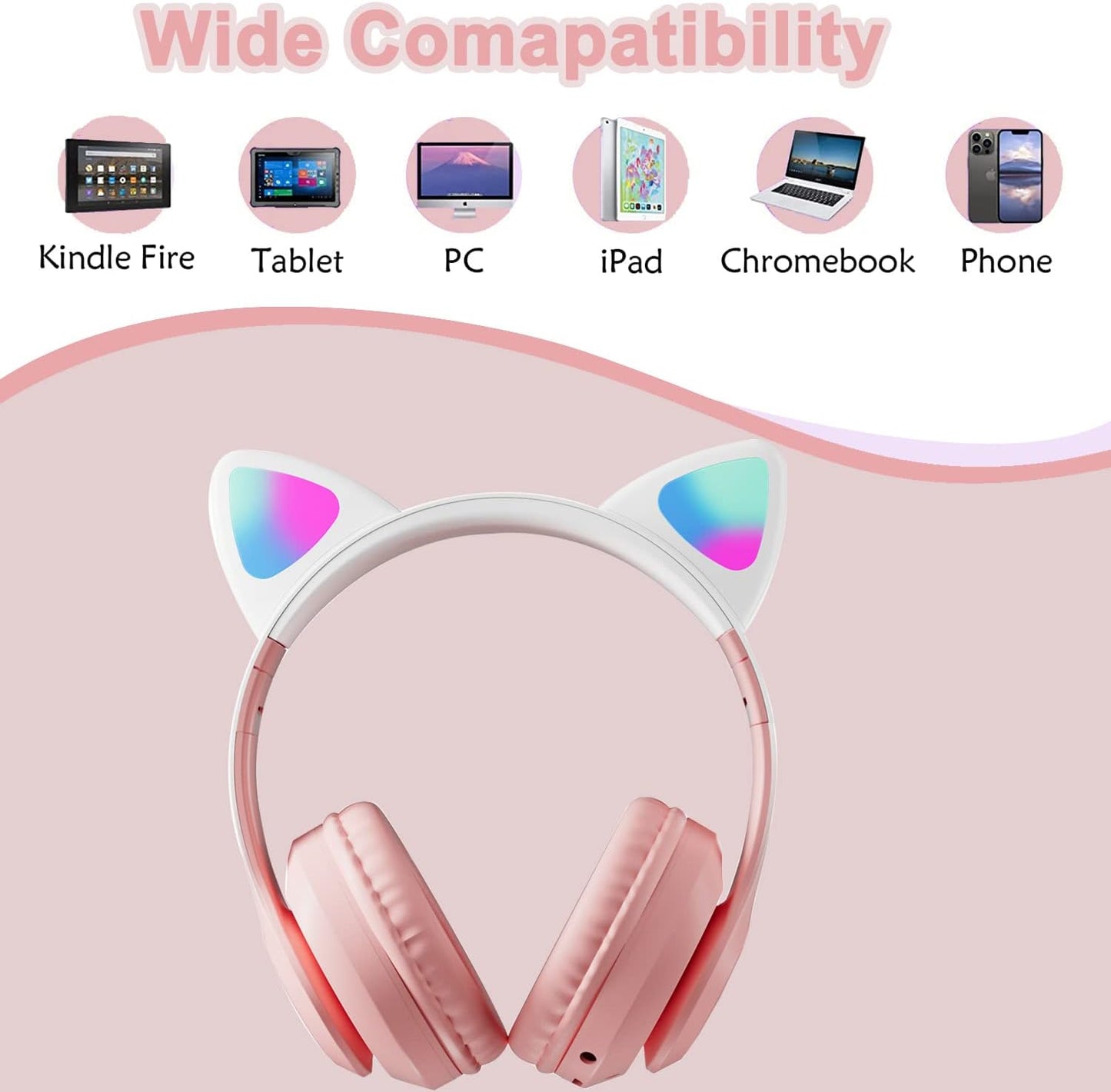 Kids Cat-Ear Bluetooth Headphones (LED, Mic,Wireless)