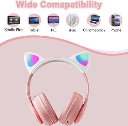 Kids Cat-Ear Bluetooth Headphones (LED, Mic,Wireless)